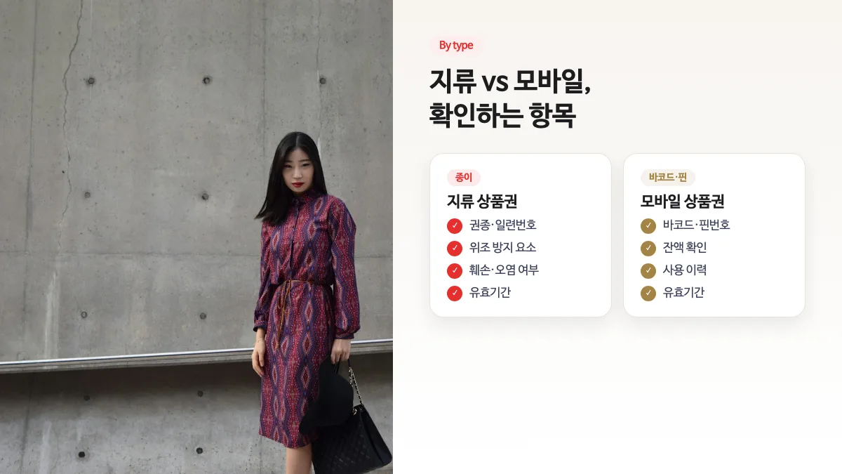 쇼핑백을 든 여성과 지류·모바일 신세계상품권 확인 항목 비교